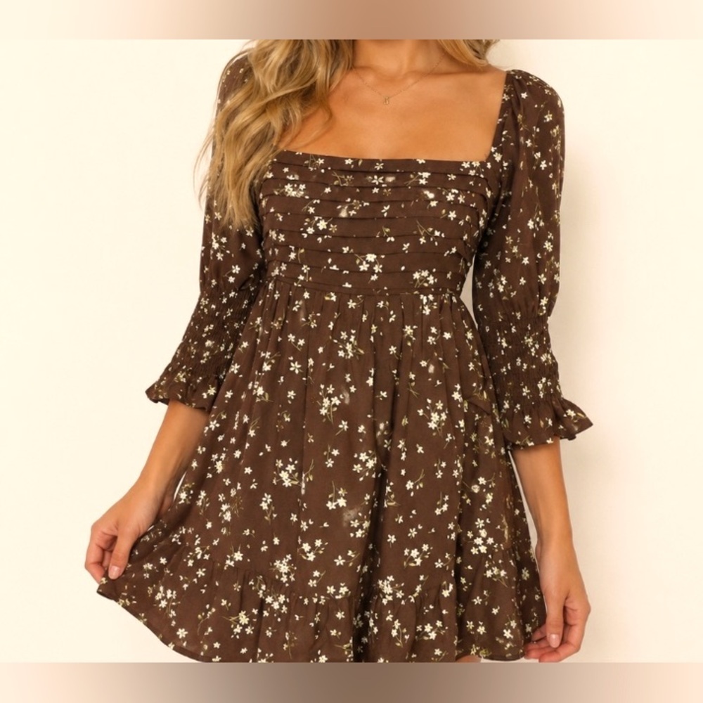 Blue Rain Floral Babydoll Dress Cottagecore Brown Smock Sleeve Floral Dress